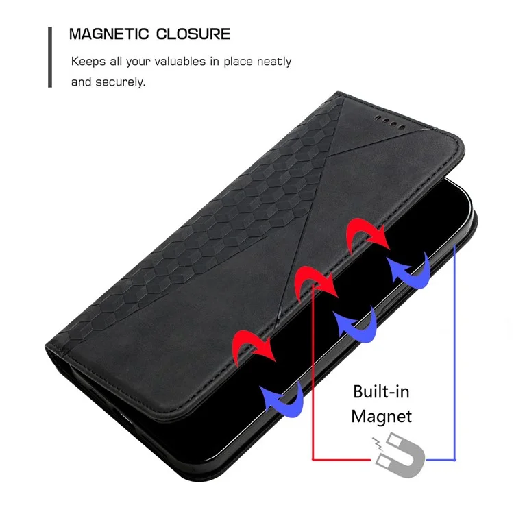 Custodia Interna Soft TPU + Cover Telefono in Pelle Touch Skin-touch Motivo Rombo Auto-assorbito Chiusura Magnetica Stand Shell per Motorola Moto E20/E30/E40 - Nero