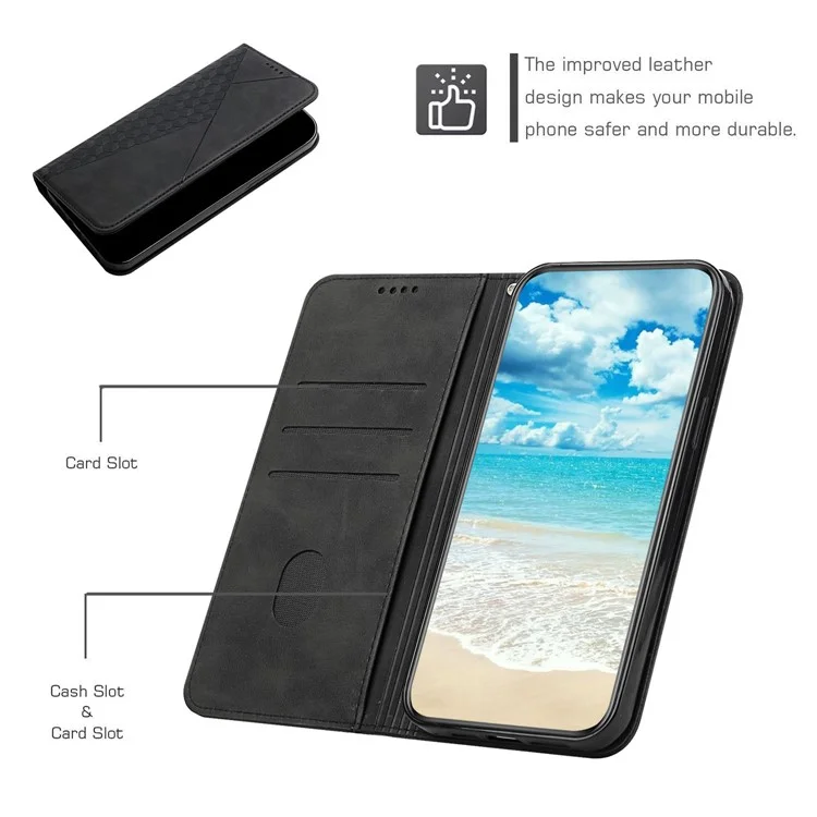 Custodia Interna Soft TPU + Cover Telefono in Pelle Touch Skin-touch Motivo Rombo Auto-assorbito Chiusura Magnetica Stand Shell per Motorola Moto E20/E30/E40 - Nero