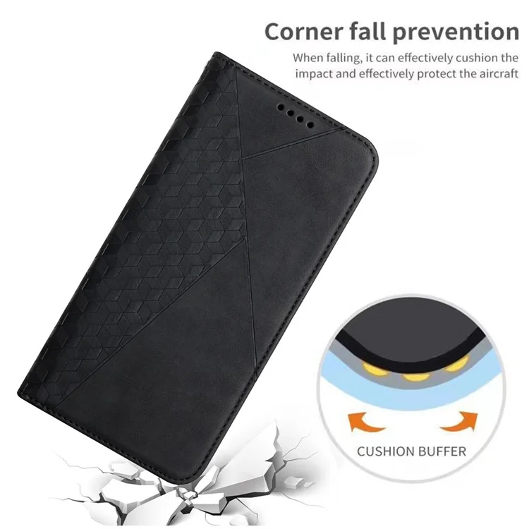 Custodia Interna Soft TPU + Cover Telefono in Pelle Touch Skin-touch Motivo Rombo Auto-assorbito Chiusura Magnetica Stand Shell per Motorola Moto E20/E30/E40 - Nero