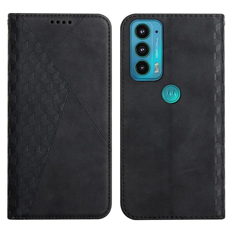 Защита от Царапин Rombus Pattern Skin-touch Case-защитник Автоматически Поглощенный Магнитный Закрывающий Кожаный Телефон с Подставкой Для Motorola Moto E20 - Черный