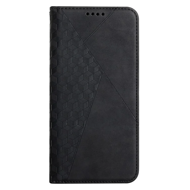 Защита от Царапин Rombus Pattern Skin-touch Case-защитник Автоматически Поглощенный Магнитный Закрывающий Кожаный Телефон с Подставкой Для Motorola Moto E20 - Черный