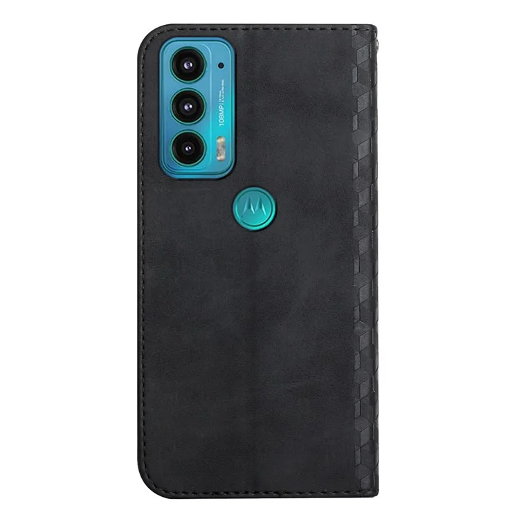 Защита от Царапин Rombus Pattern Skin-touch Case-защитник Автоматически Поглощенный Магнитный Закрывающий Кожаный Телефон с Подставкой Для Motorola Moto E20 - Черный