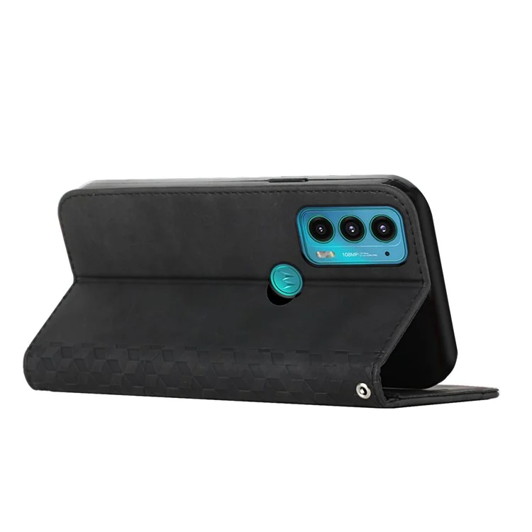 Защита от Царапин Rombus Pattern Skin-touch Case-защитник Автоматически Поглощенный Магнитный Закрывающий Кожаный Телефон с Подставкой Для Motorola Moto E20 - Черный