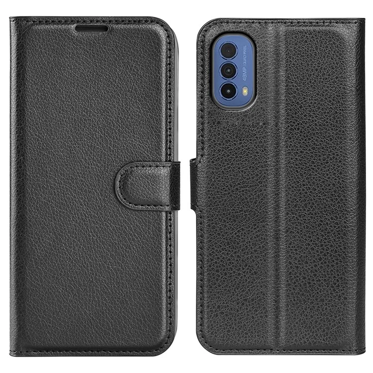 Litchi Texture Wallet Phone Case TPU Inner PU Leather Stand Folio Phone Cover for Motorola Moto E30 / Moto E40 - Black