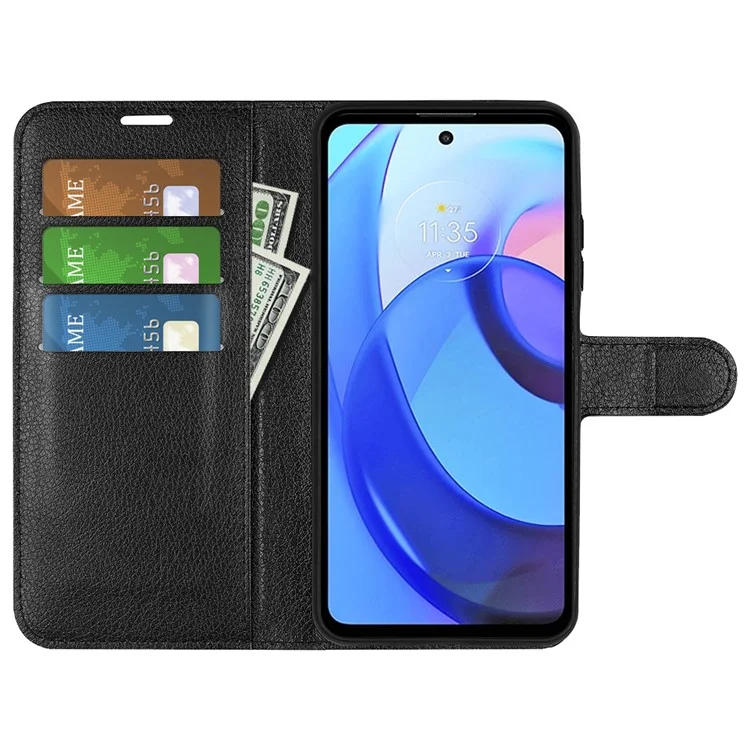 Litchi Texture Wallet Phone Case TPU Inner PU Leather Stand Folio Phone Cover for Motorola Moto E30 / Moto E40 - Black