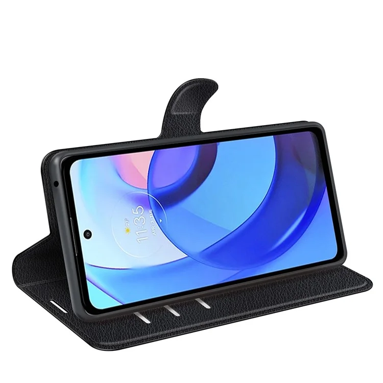 Litchi Texture Wallet Phone Case TPU Inner PU Leather Stand Folio Phone Cover for Motorola Moto E30 / Moto E40 - Black