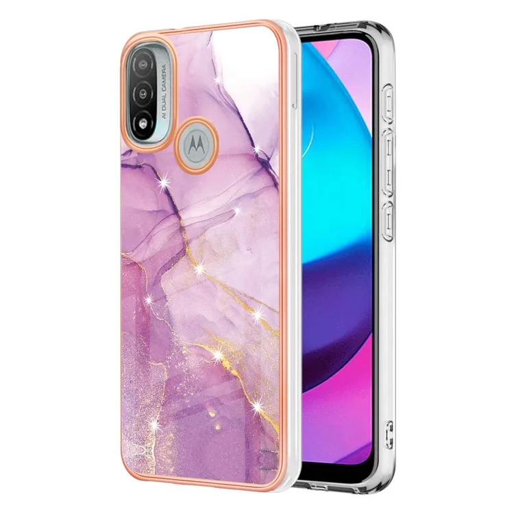 Custodia per telefono in TPU con cornice elettroplaccata, leggera e resistente, con motivo in marmo, elegante e di stile per Motorola Moto E20/E30/E40 - Viola 001