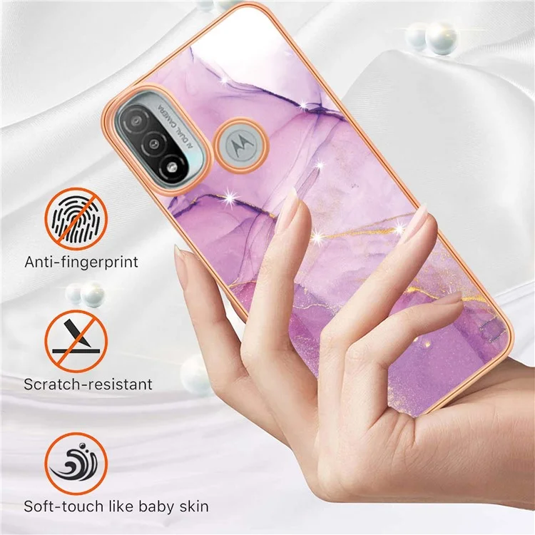 Custodia per telefono in TPU con cornice elettroplaccata, leggera e resistente, con motivo in marmo, elegante e di stile per Motorola Moto E20/E30/E40 - Viola 001