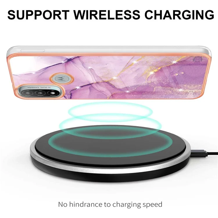 Custodia per telefono in TPU con cornice elettroplaccata, leggera e resistente, con motivo in marmo, elegante e di stile per Motorola Moto E20/E30/E40 - Viola 001
