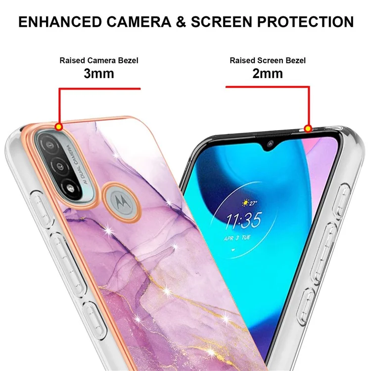 Custodia per telefono in TPU con cornice elettroplaccata, leggera e resistente, con motivo in marmo, elegante e di stile per Motorola Moto E20/E30/E40 - Viola 001