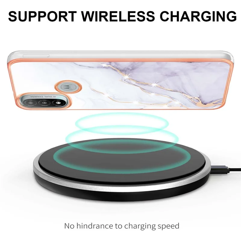 Lightweight Durable IML IMD Marble Pattern Electroplating Frame Stylish TPU Phone Case for Motorola Moto E20/E30/E40 - White 006