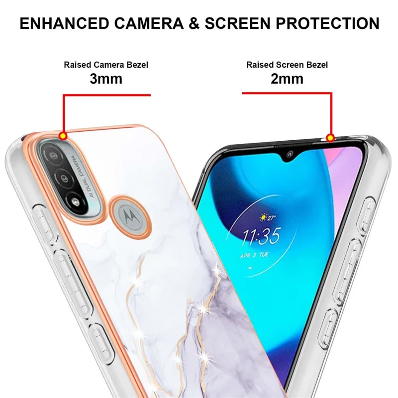 Lightweight Durable IML IMD Marble Pattern Electroplating Frame Stylish TPU Phone Case for Motorola Moto E20/E30/E40 - White 006