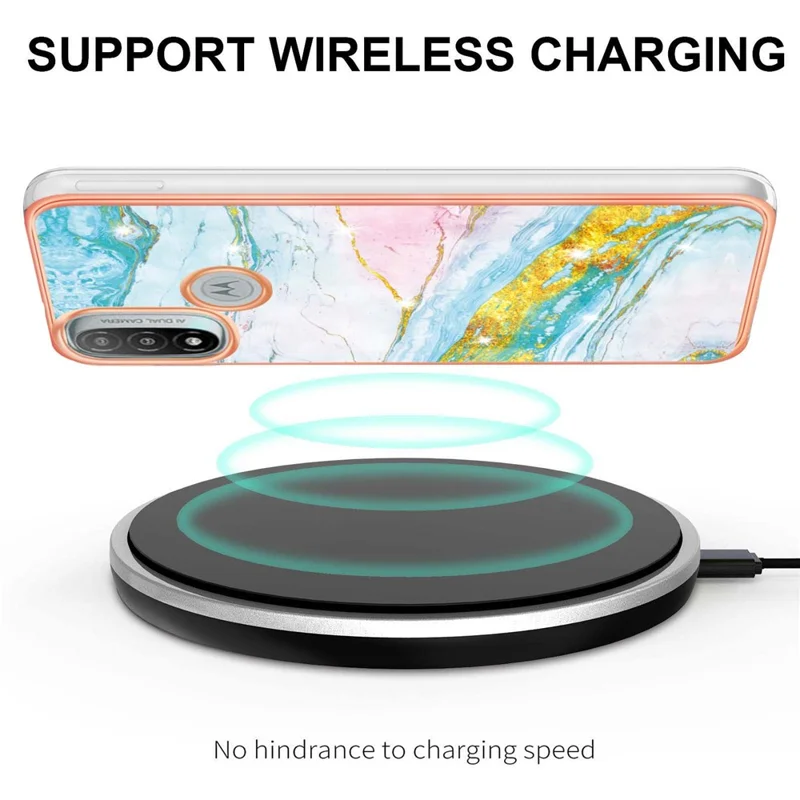 Lightweight Durable IML IMD Marble Pattern Electroplating Frame Stylish TPU Phone Case for Motorola Moto E20/E30/E40 - Green 004