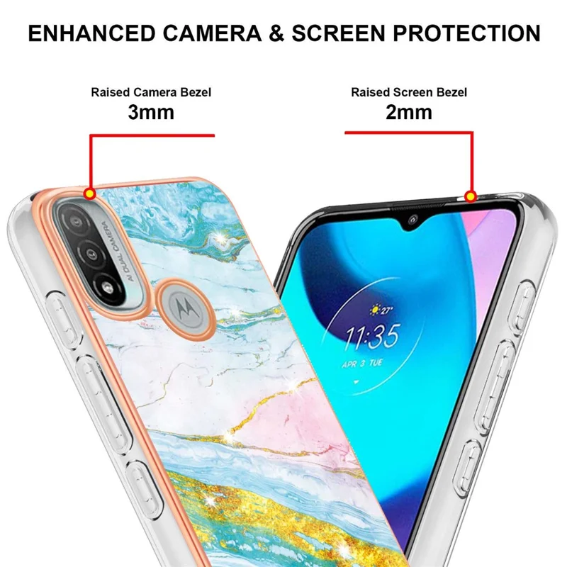 Lightweight Durable IML IMD Marble Pattern Electroplating Frame Stylish TPU Phone Case for Motorola Moto E20/E30/E40 - Green 004