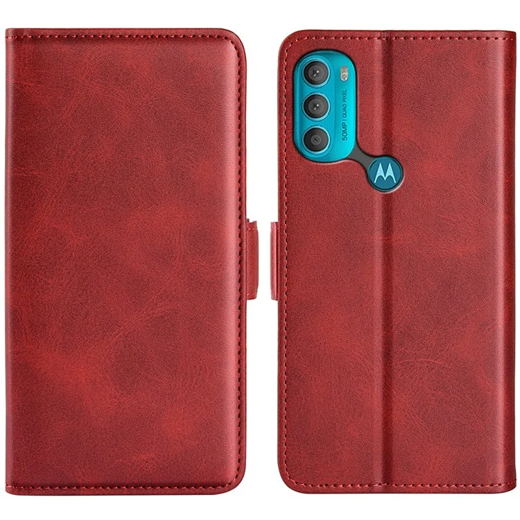 Side Magnetic Double Clasps PU Leather+TPU Case Anti-scratch Phone Cover for Motorola Moto G71 5G - Red