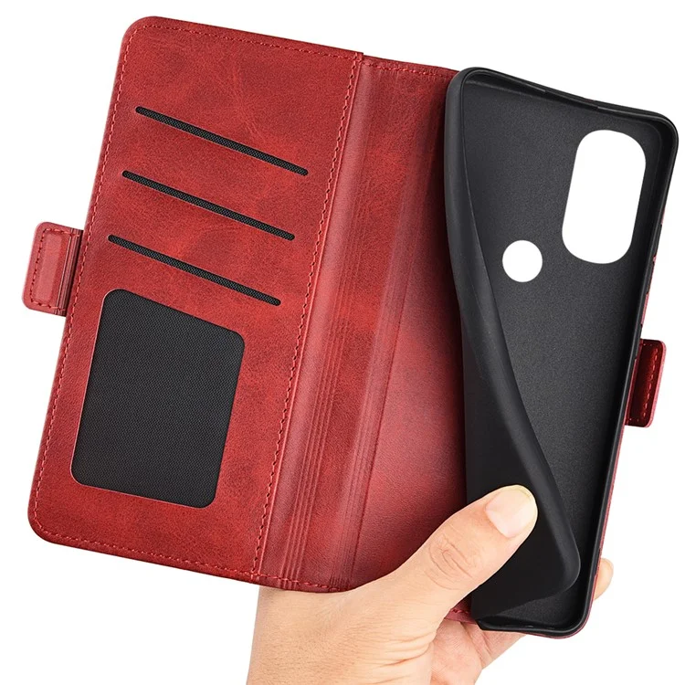 Side Magnetic Double Clasps PU Leather+TPU Case Anti-scratch Phone Cover for Motorola Moto G71 5G - Red