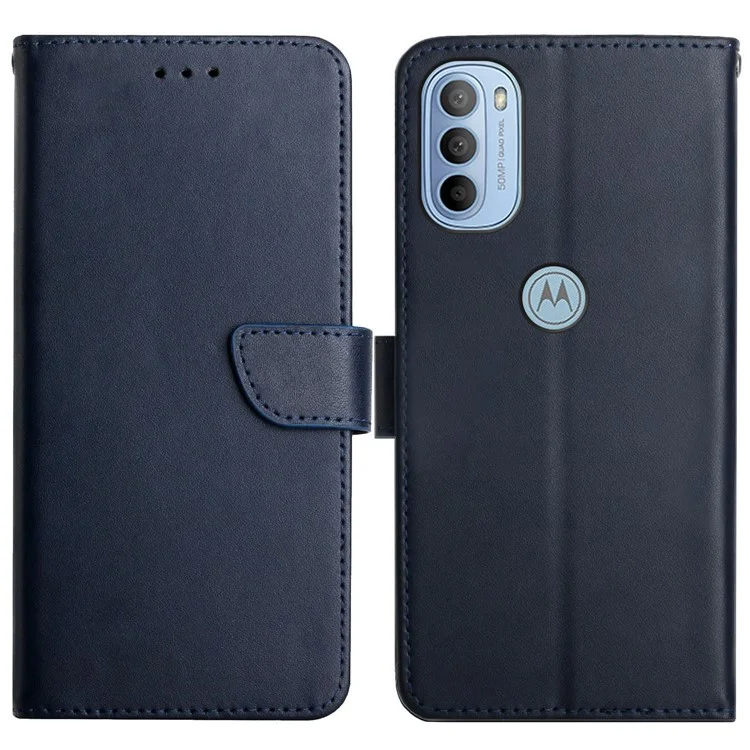 Folio Flip Feste Farbe Nappa Textur Echtes Leder Telefon Hülle Beinwallet Wallet Wallet Für Motorola Moto G51 5g - Blau