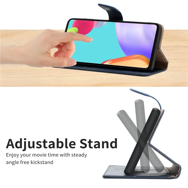 Folio Flip Feste Farbe Nappa Textur Echtes Leder Telefon Hülle Beinwallet Wallet Wallet Für Motorola Moto G51 5g - Blau