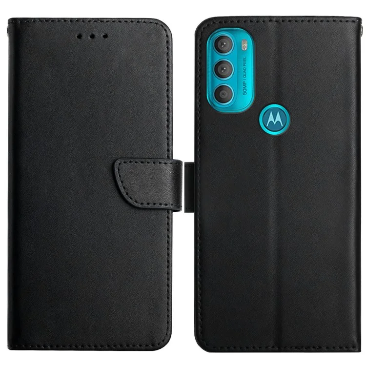 Impact Buffer Nappa Texture Genuine Leather Phone Case Viewing Stand Wallet Cover for Motorola Moto G71 5G - Black