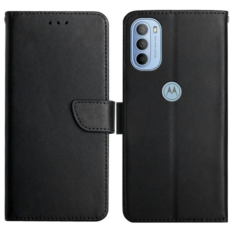 Folio Flip Mobile Phone Shell Nappa Texture Genuine Leather Phone Case Magnetic Closure Stand Wallet Cover for Motorola Moto G31 4G/G41 4G - Schwarz