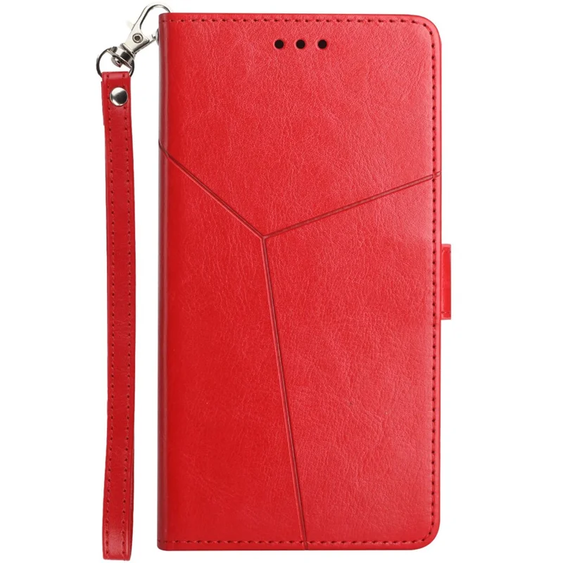 Handy Strap Carrying PU Leather Smartphone Shell Y-shaped Lines Imprinted Magnetic Closure Stand Wallet Case for Motorola Edge X30 - Red