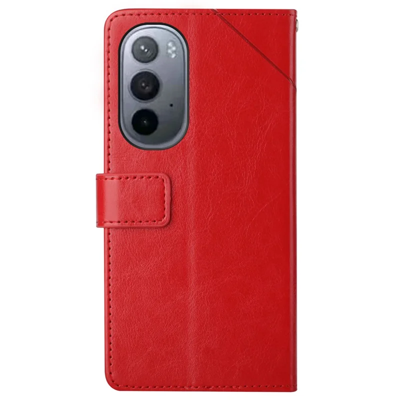 Handy Strap Carrying PU Leather Smartphone Shell Y-shaped Lines Imprinted Magnetic Closure Stand Wallet Case for Motorola Edge X30 - Red