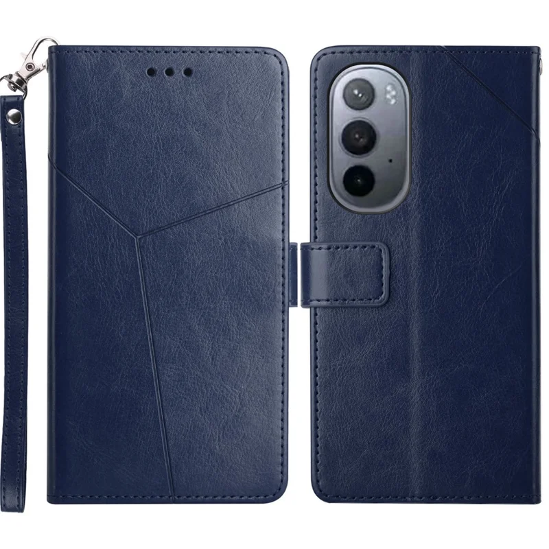 Handy Strap Carrying PU Leather Smartphone Shell Y-shaped Lines Imprinted Magnetic Closure Stand Wallet Case for Motorola Edge X30 - Blue