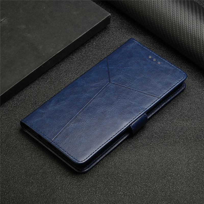 Handy Strap Carrying PU Leather Smartphone Shell Y-shaped Lines Imprinted Magnetic Closure Stand Wallet Case for Motorola Edge X30 - Blue