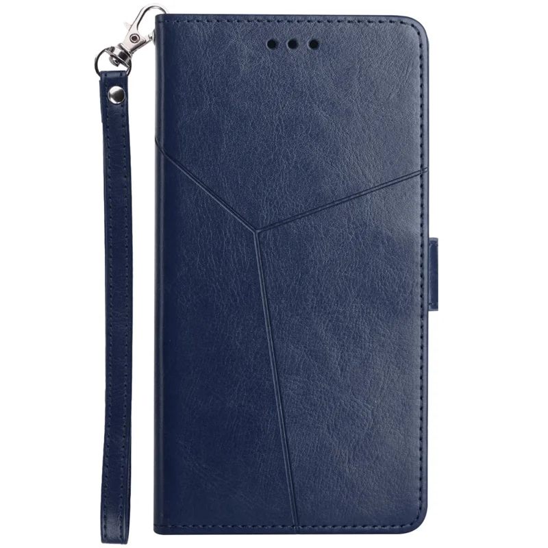 Handy Strap Carrying PU Leather Smartphone Shell Y-shaped Lines Imprinted Magnetic Closure Stand Wallet Case for Motorola Edge X30 - Blue