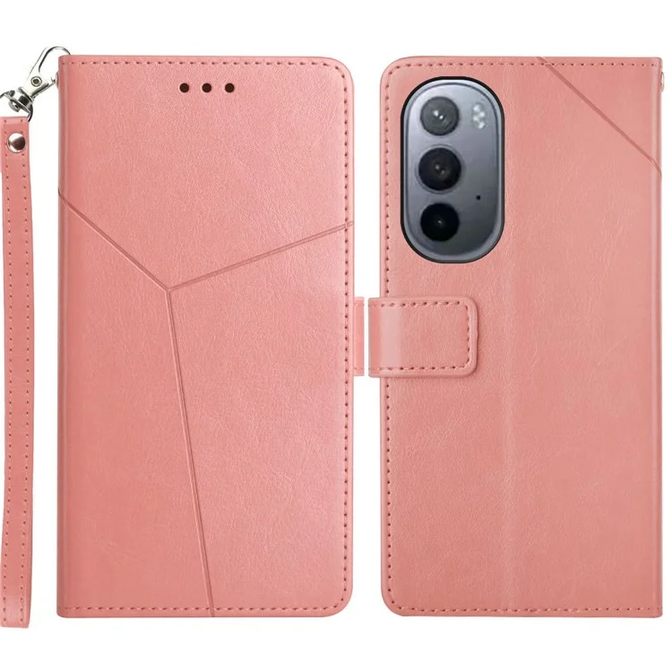 Handy Strap Carrying PU Leather Smartphone Shell Y-shaped Lines Imprinted Magnetic Closure Stand Wallet Case for Motorola Edge X30 - Pink