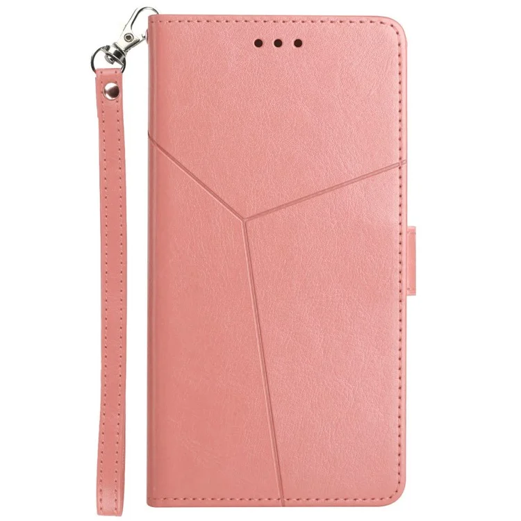 Handy Strap Carrying PU Leather Smartphone Shell Y-shaped Lines Imprinted Magnetic Closure Stand Wallet Case for Motorola Edge X30 - Pink