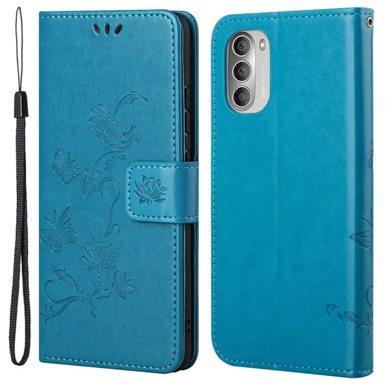 Bedruckte Schmetterlings-Blumen-Anti-Sturz-PU-Lederbrieftasche-Funktionshandy-Ständer-Schale für Motorola Moto G51 5G - Blau