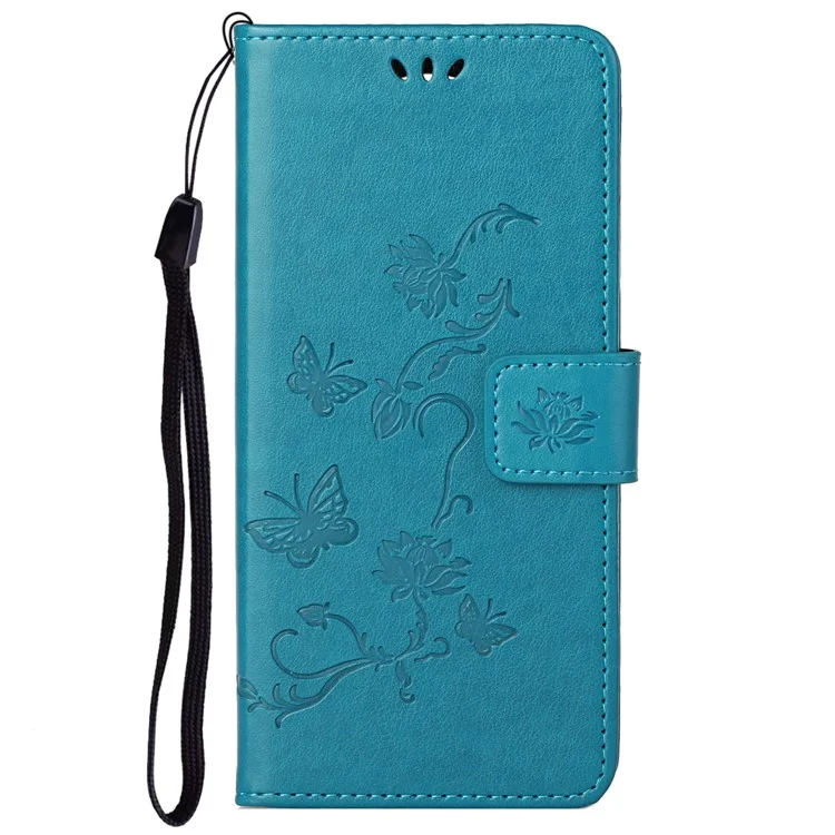 Bedruckte Schmetterlings-Blumen-Anti-Sturz-PU-Lederbrieftasche-Funktionshandy-Ständer-Schale für Motorola Moto G51 5G - Blau