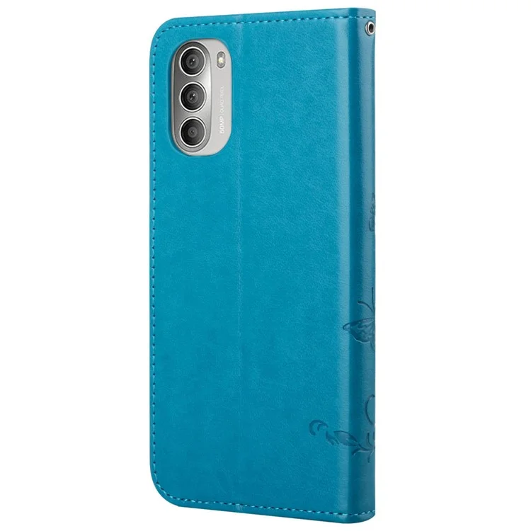 Bedruckte Schmetterlings-Blumen-Anti-Sturz-PU-Lederbrieftasche-Funktionshandy-Ständer-Schale für Motorola Moto G51 5G - Blau