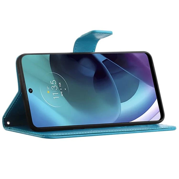Bedruckte Schmetterlings-Blumen-Anti-Sturz-PU-Lederbrieftasche-Funktionshandy-Ständer-Schale für Motorola Moto G51 5G - Blau