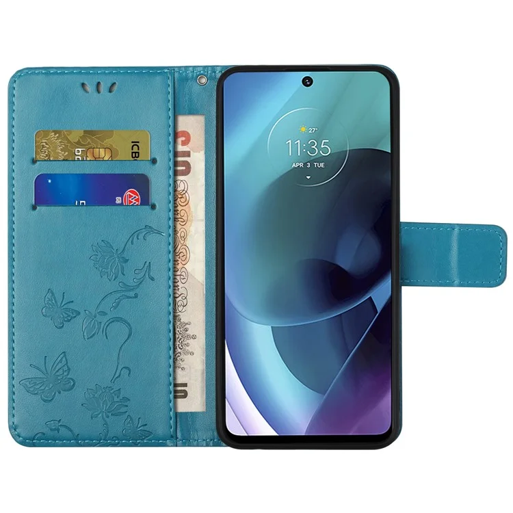 Bedruckte Schmetterlings-Blumen-Anti-Sturz-PU-Lederbrieftasche-Funktionshandy-Ständer-Schale für Motorola Moto G51 5G - Blau