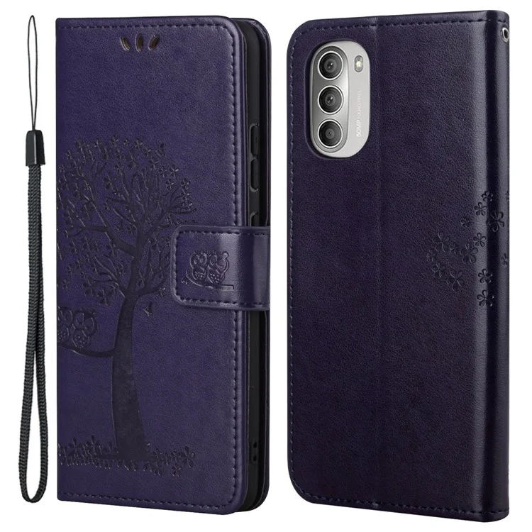 Handytasche Handy Tasche Eule Baummuster Geprägt Magnetverschluss TPU und PU-Leder Stand Geldbörse Hülle mit Riemen für Motorola Moto G51 5G - Dunkelviolett