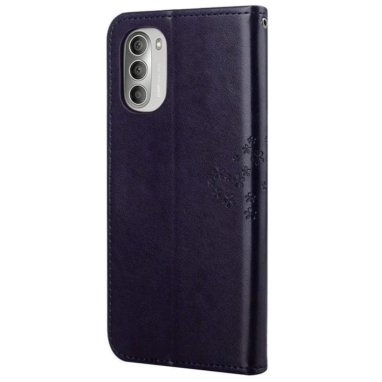Handytasche Handy Tasche Eule Baummuster Geprägt Magnetverschluss TPU und PU-Leder Stand Geldbörse Hülle mit Riemen für Motorola Moto G51 5G - Dunkelviolett
