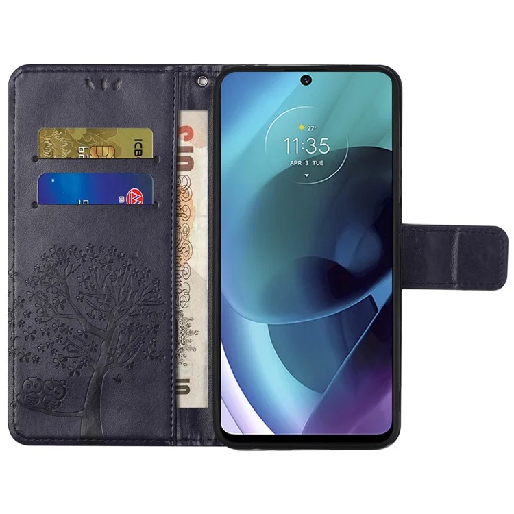 Handytasche Handy Tasche Eule Baummuster Geprägt Magnetverschluss TPU und PU-Leder Stand Geldbörse Hülle mit Riemen für Motorola Moto G51 5G - Dunkelviolett