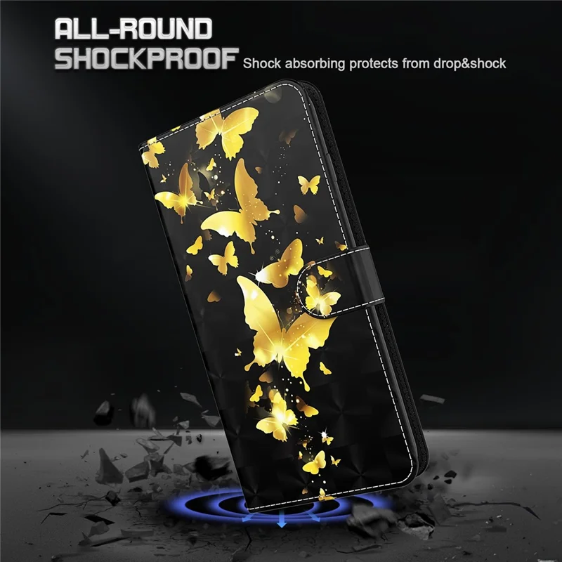PU Leather Shockproof Phone Cover 3D Pattern Printing Stand Phone Case with Wallet Strap for Motorola Moto E20/E30/E40 - Golden Butterfly