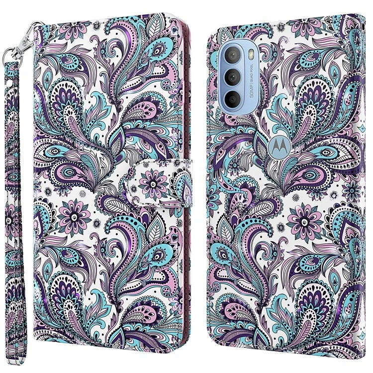 3D-Muster-Druck PU-Leder Handyhülle Geldbörse Stand Feature Flip Folio Cover mit Riemen für Motorola Moto G31 4G/G41 4G - Lila Impatiens