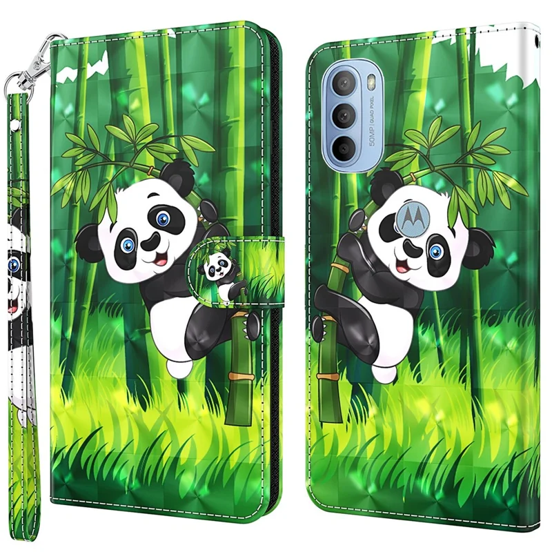 3D Pattern Printing PU Leather Phone Case Wallet Stand Feature Flip Folio Cover with Strap for Motorola Moto G31 4G/G41 4G - Panda Climbing
