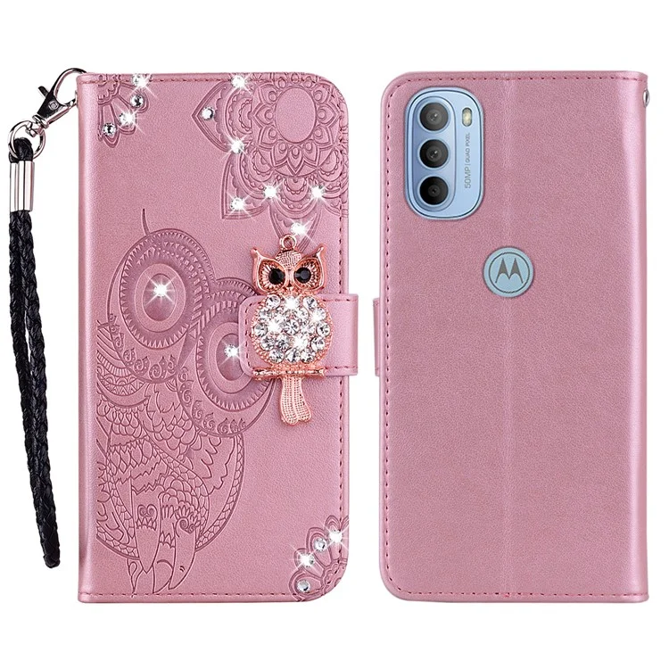 Rhinestone Decor PU Leather Shell Wallet Stand Owl Flower Imprinting Phone Case Cover with Strap for Motorola Moto G31 4G/G41 4G - Rose Gold