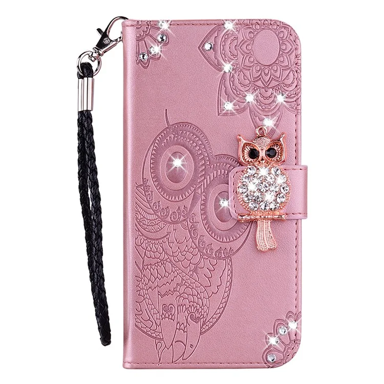 Rhinestone Decor PU Leather Shell Wallet Stand Owl Flower Imprinting Phone Case Cover with Strap for Motorola Moto G31 4G/G41 4G - Rose Gold