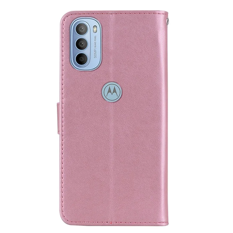 Rhinestone Decor PU Leather Shell Wallet Stand Owl Flower Imprinting Phone Case Cover with Strap for Motorola Moto G31 4G/G41 4G - Rose Gold