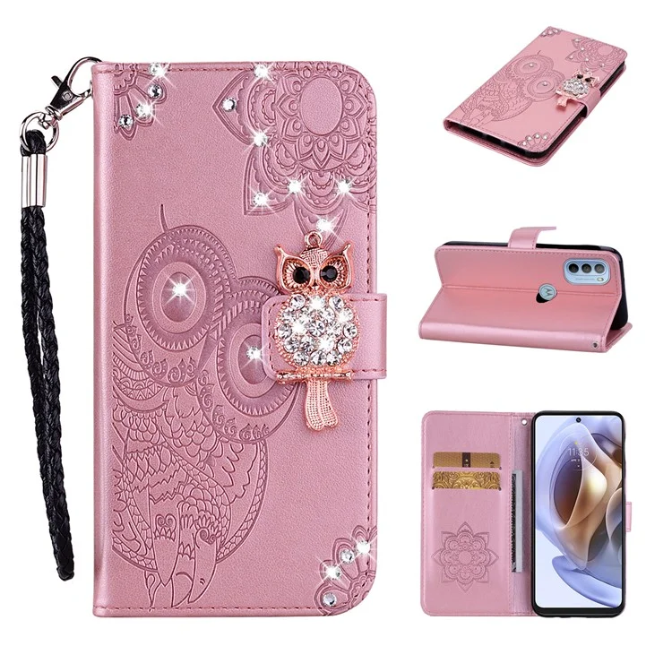 Rhinestone Decor PU Leather Shell Wallet Stand Owl Flower Imprinting Phone Case Cover with Strap for Motorola Moto G31 4G/G41 4G - Rose Gold