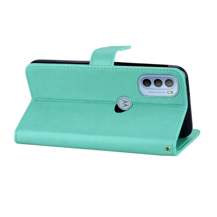Rhinestone Decor PU Leather Shell Wallet Stand Owl Flower Imprinting Phone Case Cover with Strap for Motorola Moto G31 4G/G41 4G - Cyan