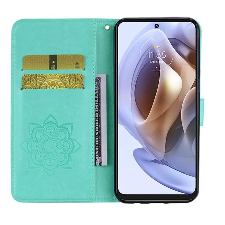 Rhinestone Decor PU Leather Shell Wallet Stand Owl Flower Imprinting Phone Case Cover with Strap for Motorola Moto G31 4G/G41 4G - Cyan