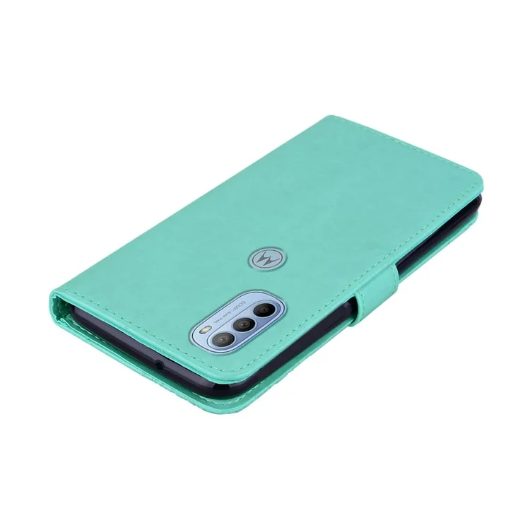Rhinestone Decor PU Leather Shell Wallet Stand Owl Flower Imprinting Phone Case Cover with Strap for Motorola Moto G31 4G/G41 4G - Cyan