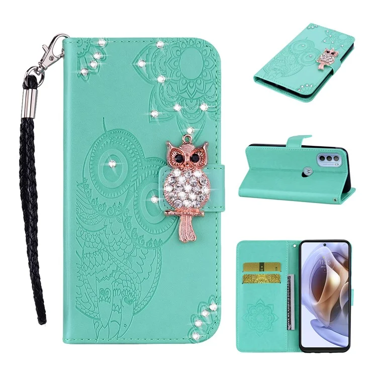 Rhinestone Decor PU Leather Shell Wallet Stand Owl Flower Imprinting Phone Case Cover with Strap for Motorola Moto G31 4G/G41 4G - Cyan